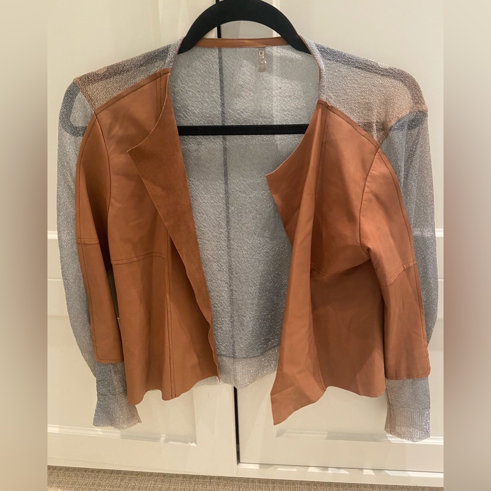 Aviu leather/sparkle cardigan, size medium, tan/turquoise